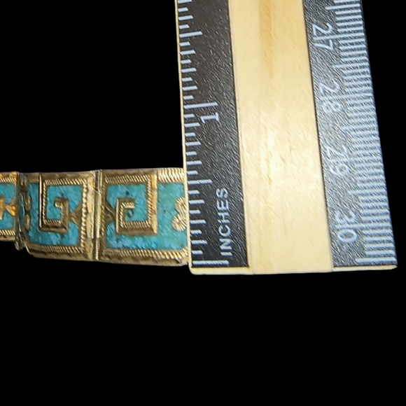 Vintage Mexico Sterling Silver & Turquoise Inlay Hinged Panel Bracelet - Picture 7 of 10